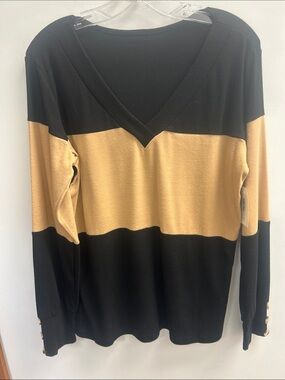 Men's Black and Tan V-Neck Stripe Sweater